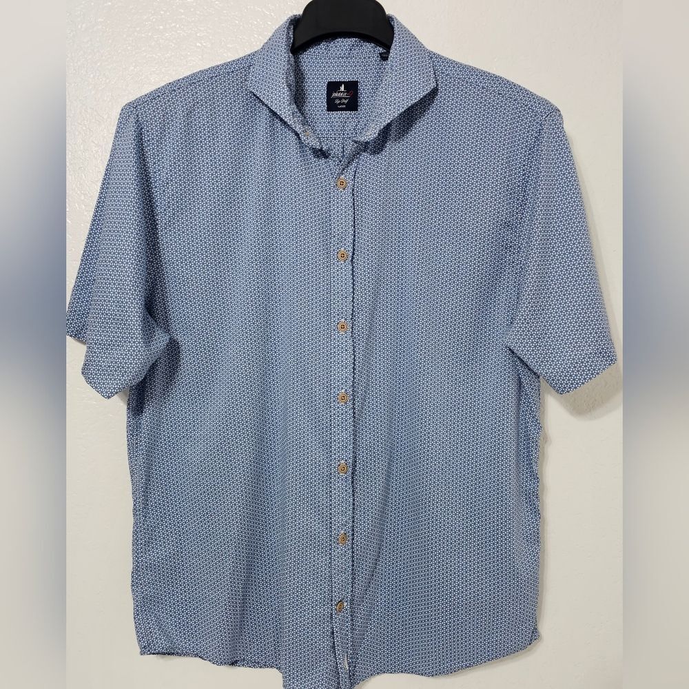 Johnnie-O Top Shelf Laguna Blue Print Button Down Shirt L Coastal Golf Stretch